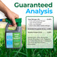 A hand holds a bottle of Simple Lawn Solutions lawn food over a green grass background, with a large text overlay reading &