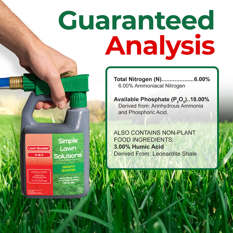 A hand holding a bottle of Simple Lawn Solutions Lawn Booster next to a green lawn, with a large text overlay reading &