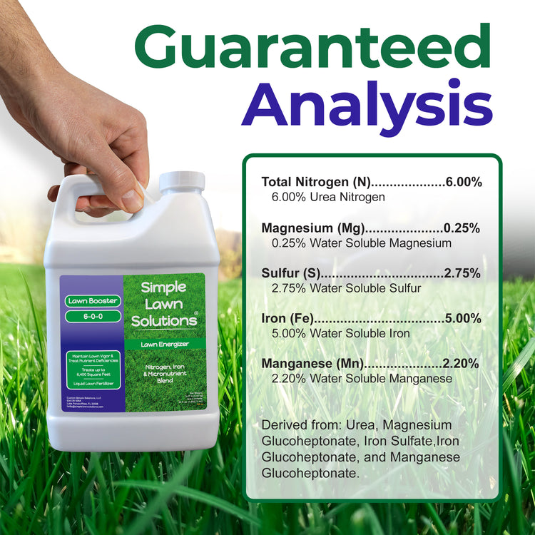 A hand holds a white plastic jug of Simple Lawn Solutions Lawn Energizer lawn fertilizer. The image includes a large green and blue &