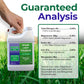 A hand holds a white plastic jug of Simple Lawn Solutions Lawn Energizer lawn fertilizer. The image includes a large green and blue &