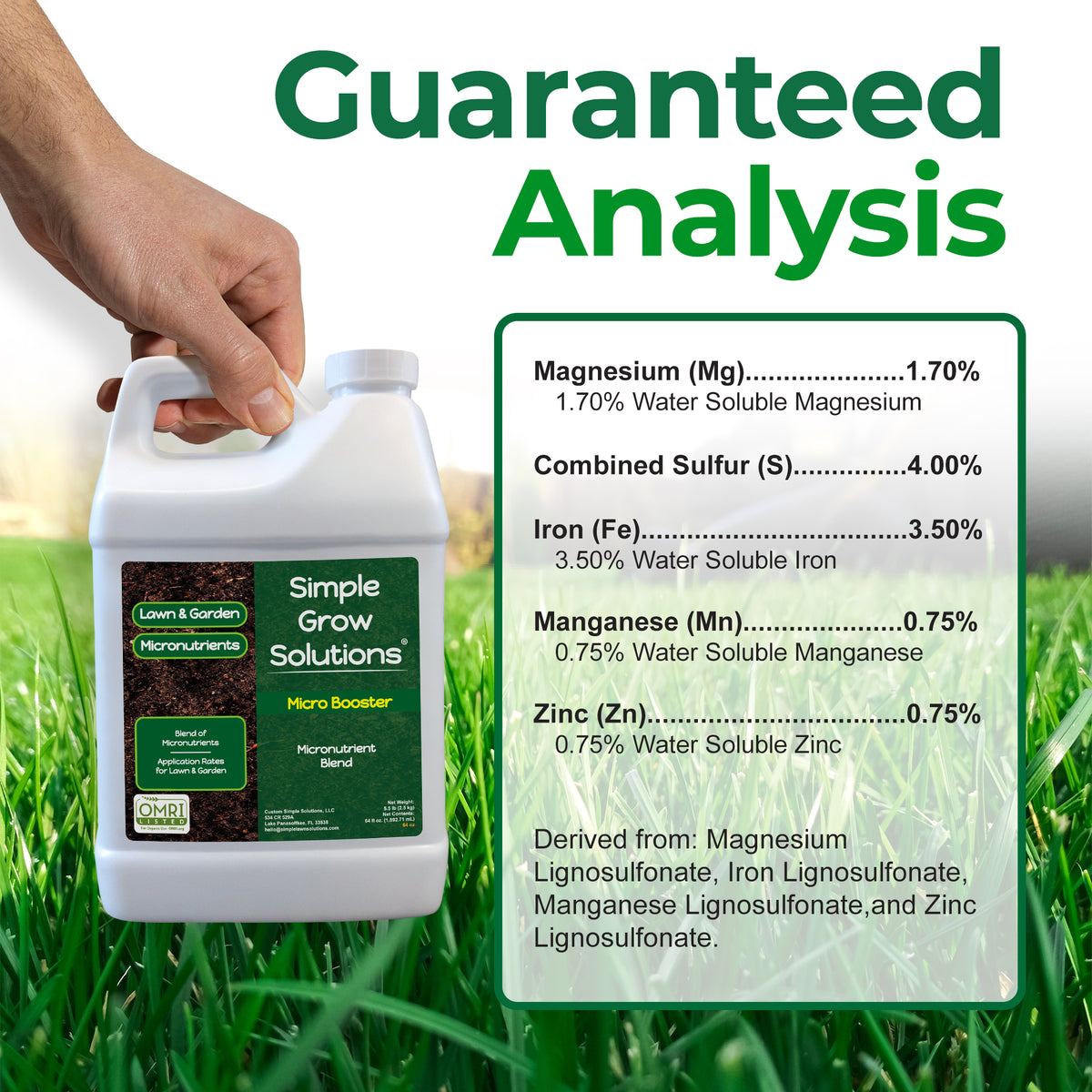 Micro Booster Guaranteed Analysis contains 1.7% magnesium, 4% sulfur, 3.5% iron, 0.75% manganese, and 0.75% zinc.