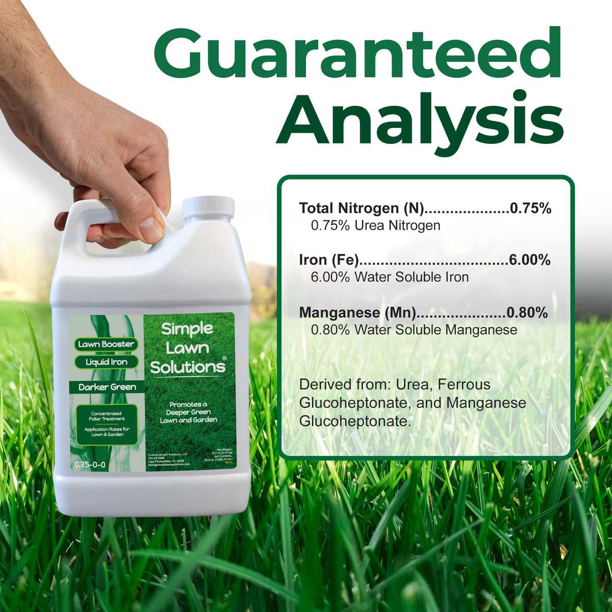 A hand holds a white plastic jug of Simple Lawn Solutions Liquid Iron (Darker Green) against a background of green grass with a large &