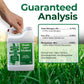 A hand holds a white plastic jug of Simple Lawn Solutions Liquid Iron (Darker Green) against a background of green grass with a large &