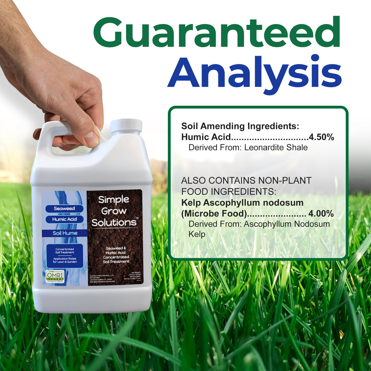 A hand holds a white plastic jug of Simple Grow Solutions Soil Humus (Humic Acid) against a green grass background with a large &