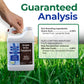 A hand holds a white plastic jug of Simple Grow Solutions Soil Humus (Humic Acid) against a green grass background with a large &