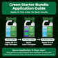 Green Starter Bundle Application Guide with three bottles of lawn care solutions on a grass background. Directions say, " Apply 28-0-0, 14 days later apply Lawn Energizer, 14 days later apply 16-4-8. Using granular or other fertilizers? Space application 4 weeks apart. Adjust timing for your lawns needs, heat, dormancy, and nutrition requirements may vary."