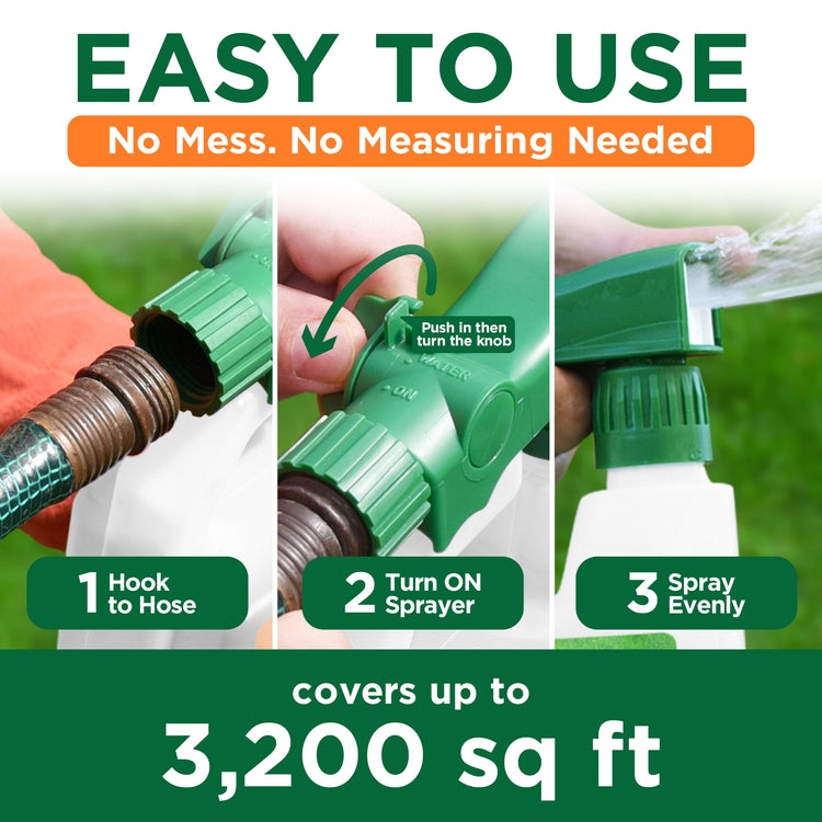 Lawn hose-end sprayer fertilizer with step-by-step instructions on how to use it, set against a green background. "Hook to hose, turn on sprayer, spray evenly. Covers 3,200 square feet."