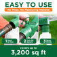 Lawn hose-end sprayer fertilizer with step-by-step instructions on how to use it, set against a green background. "Hook to hose, turn on sprayer, spray evenly. Covers 3,200 square feet."