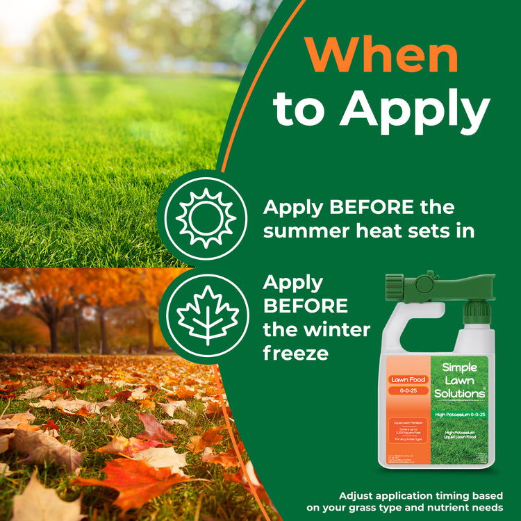 Lawn care product with application timing instructions on a green background, "Apply before the summer heat sets in, and before the winter freeze."