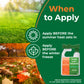 Lawn care product with application timing instructions on a green background, "Apply before the summer heat sets in, and before the winter freeze."