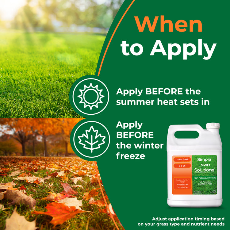 0-0-25 fertilizer care product with application timing instructions on a green background, "Summer application apply before the heat sets in, winter application apply before winter freeze"