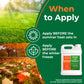 0-0-25 Lawn fertilizer container with application timing instructions on a green background, "Apply before summer heat sets in and before winter freeze."