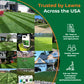 Collage of customer photos of lawns and products, featuring text about trust and experience, "30+ years in commercial turf and agriculture, family-owned business, join our TikTok and Instagram community @simplelawnsolutions."