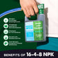 Benefits of 16-4-8 NPK, Nitrogen encourages greening and growth, phosphorus essential for root development, potassium for turf hardiness, blended with seaweed and fish, treats nitrogen, phosphorus and potassium deficiencies.  