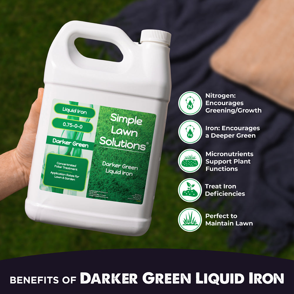 Benefits of Darker Green Liquid Iron, Nitrogen encourages greening and growth, Iron enhances a deeper green, micronutrients support plant functions, treats iron deficiency, and is perfect to maintain your lawn.  