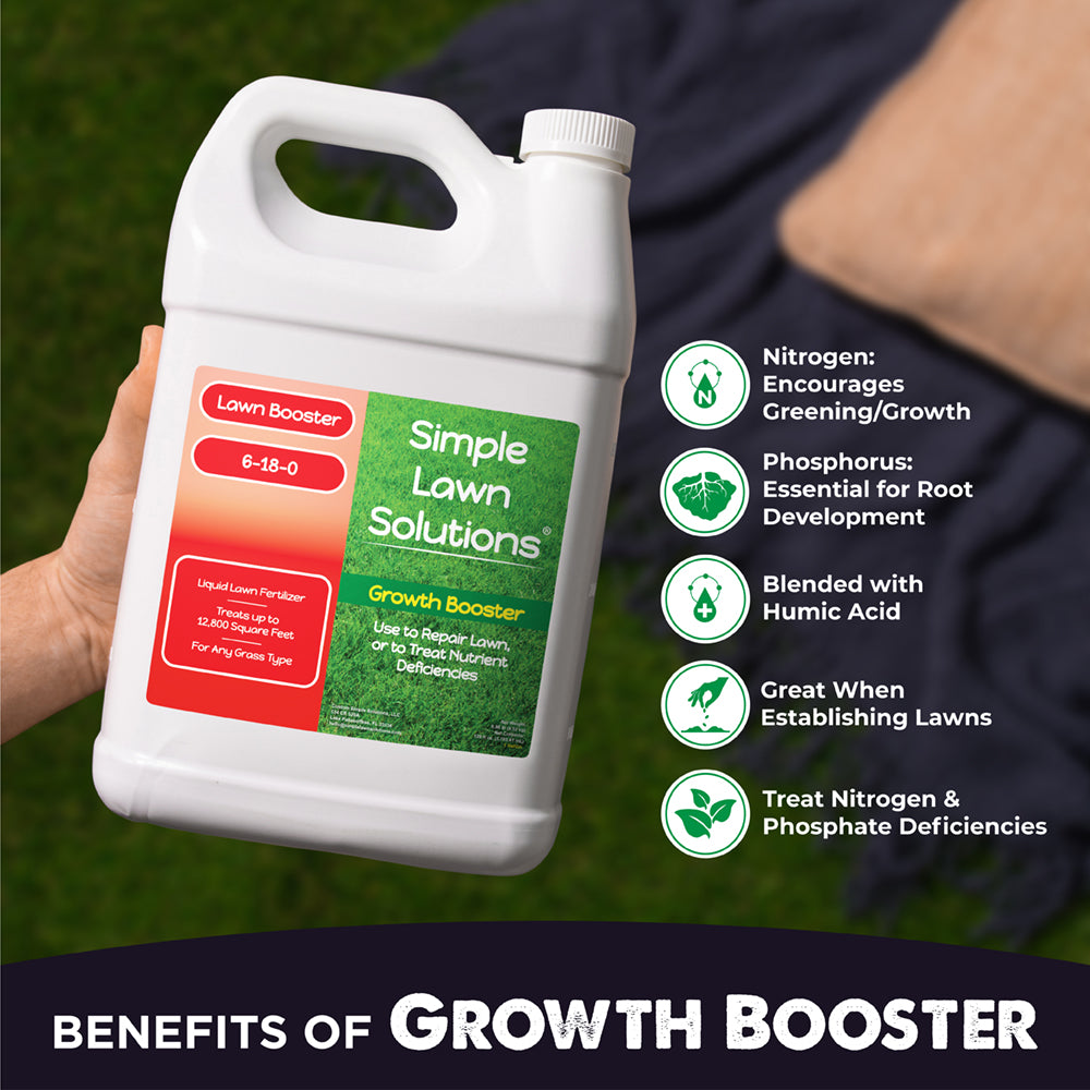 6-18-0 Growth Booster Benefits, Nitrogen encourages greening and growth, Phosphorus essential for root development, Humic acid promotes micronutrient uptake, great for establishing lawns, and treats nitrogen and phosphorus deficiencies.  