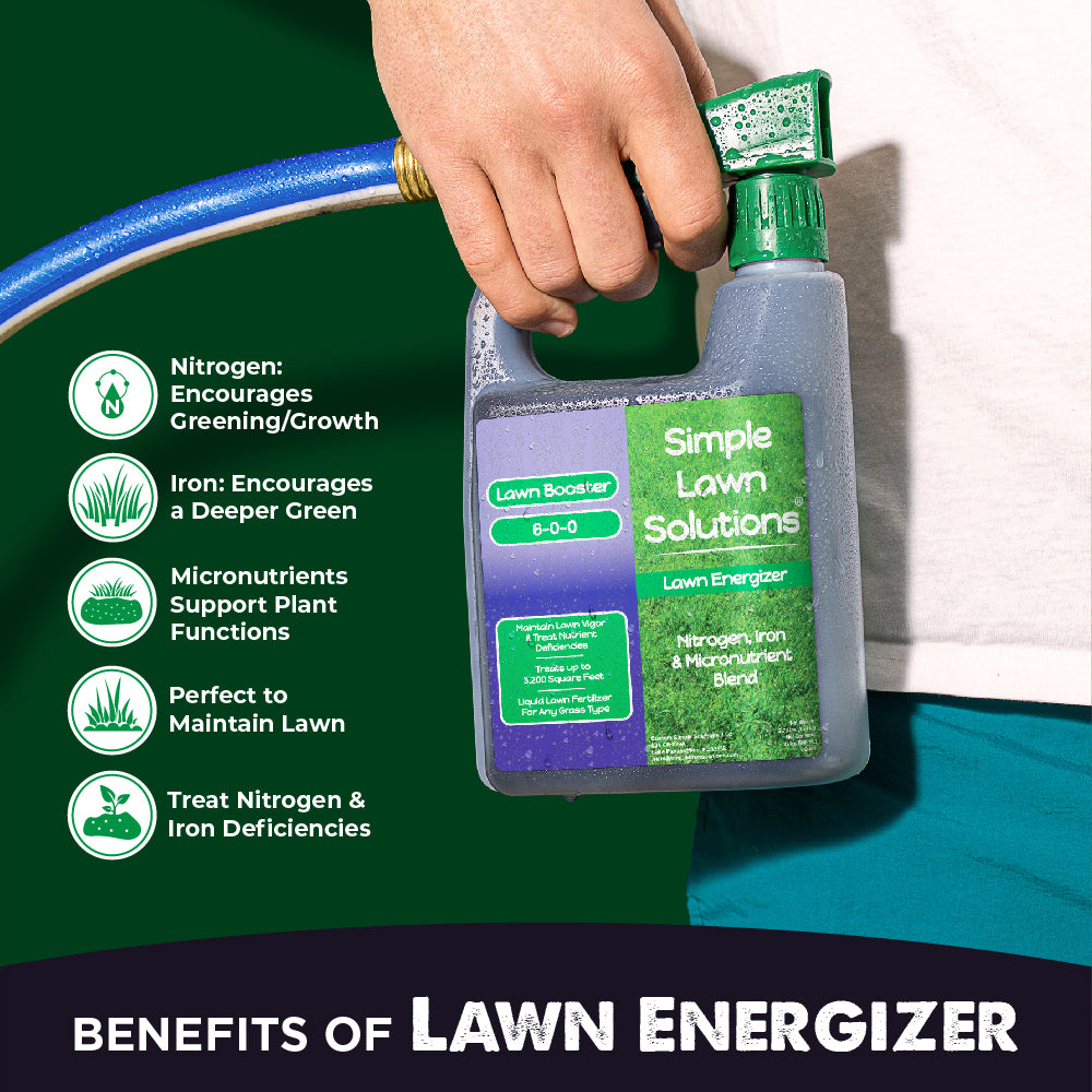 Holding a lawn fertilizer with hose end sprayer with a green background
