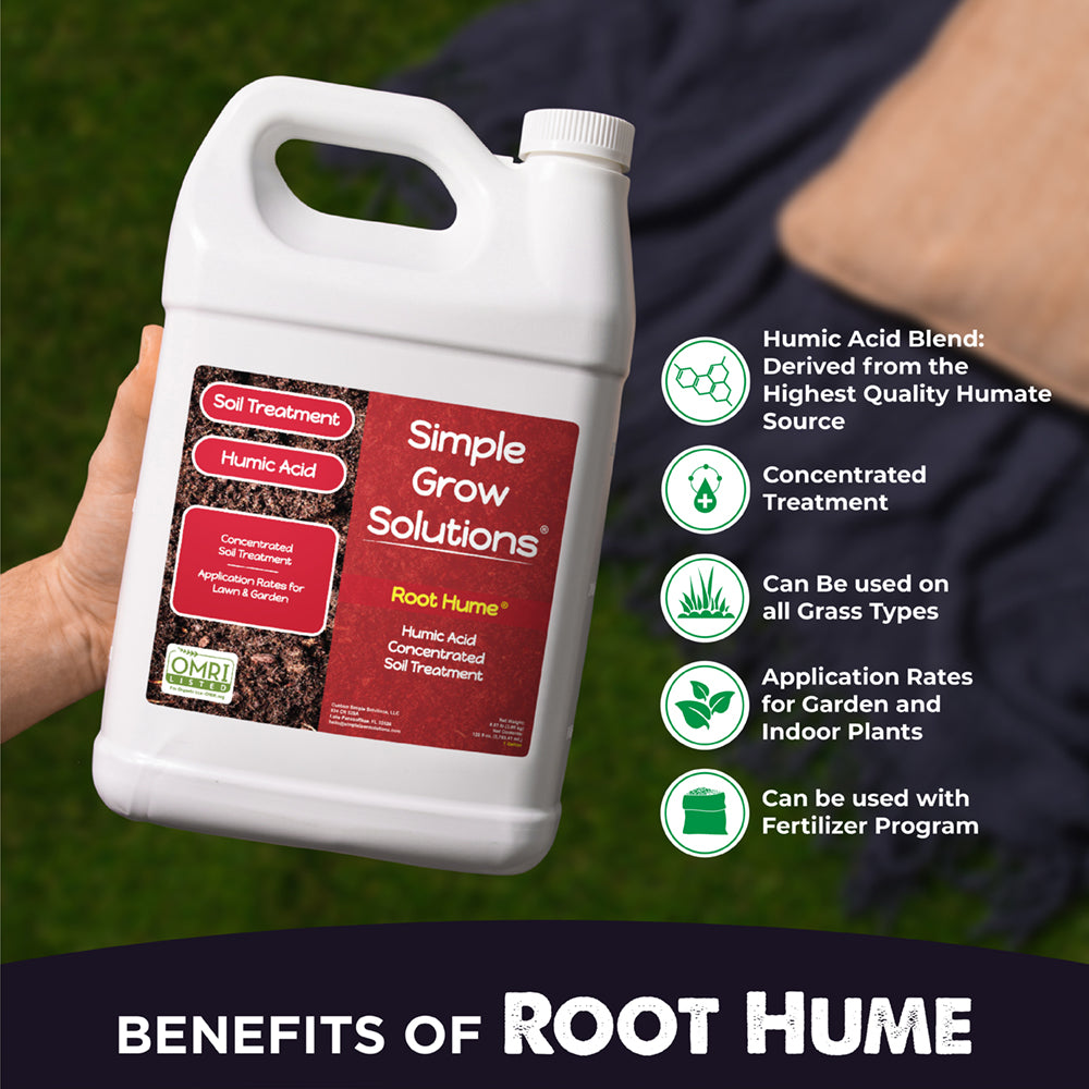 Benefits of Root Hume, Humic acid blend derived from the highest quality humane source, promotes micronutrient uptake, cam be used on all grass types, application rates for lawn and garden, can be used with fertilizer program 