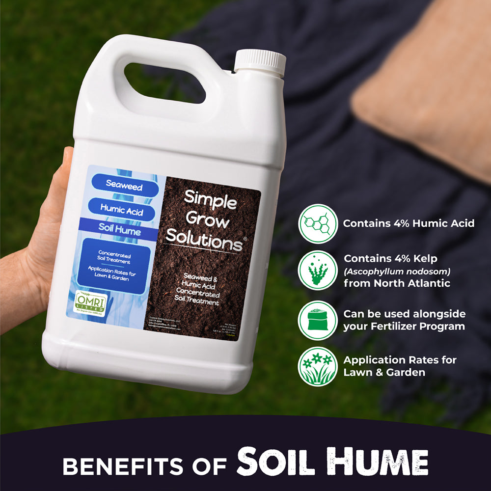 Benefits of Soil Hume, Humic acid promotes micronutrient uptake, contains 4% Humic acid, contains 4% kelp, can be used alongside your fertilizer program, application rates for lawn and garden.  