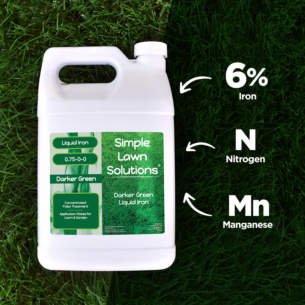 Liquid iron fertilizer on a lawn with manganese and nitrogen.