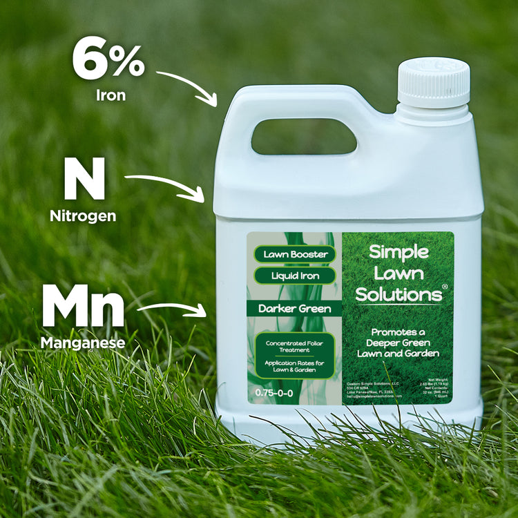 Iron, nitrogen, and manganese liquid fertilizer on a green lawn