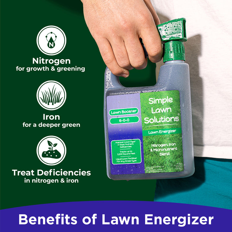 Liquid lawn fertilizer with nitrogen, iron and micronutrients against a green background