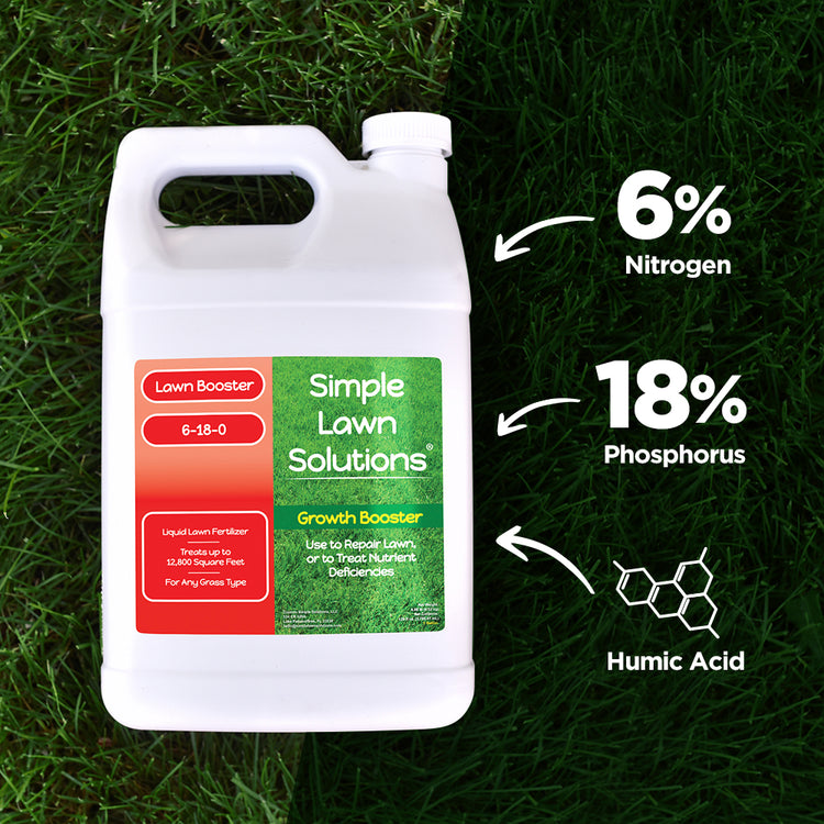 Nitrogen and phosphorus fertilizer with Humic Acid on a green lawn