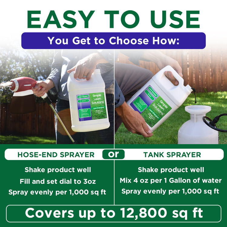 Promotional graphic for a liquid weed killer spray showing two ways to use it: hose-end sprayer and tank sprayer. The image features a split-screen demonstration with a person&