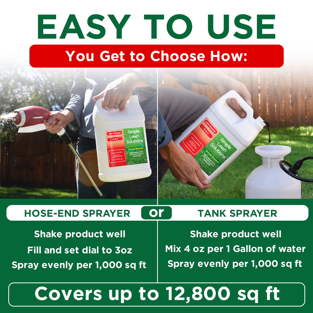 Promotional graphic for a lawn care product showing two ways to use a sprayer: hose-end sprayer and tank sprayer. The image features a split-screen demonstration with a person&