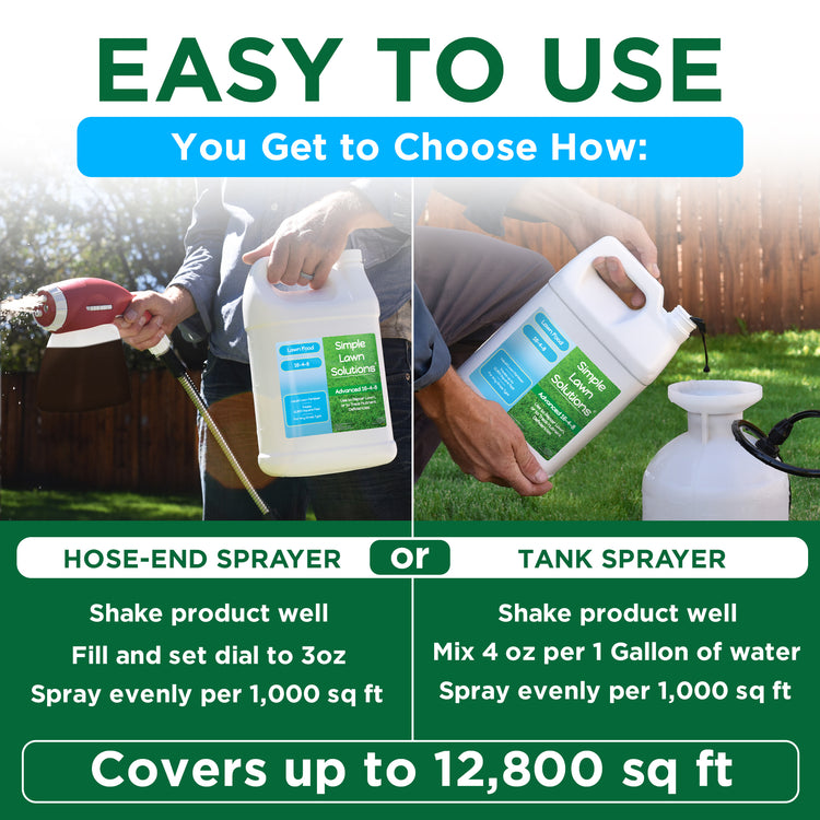 Promotional graphic for a Simple Lawn Care liquid fertilizer, showing a split-screen demonstration of two ways to use the product: hose-end sprayer and tank sprayer. The image features a split background of a person watering a lawn on the left and mixing the product in a garden on the right.