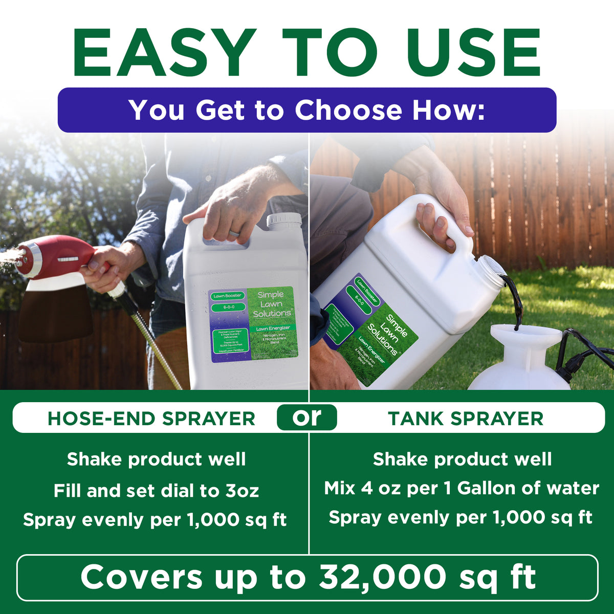 Promotional graphic for Simple Lawn Solutions tank sprayer, showing two usage options: Hose-End Sprayer and Tank Sprayer. The top text reads &