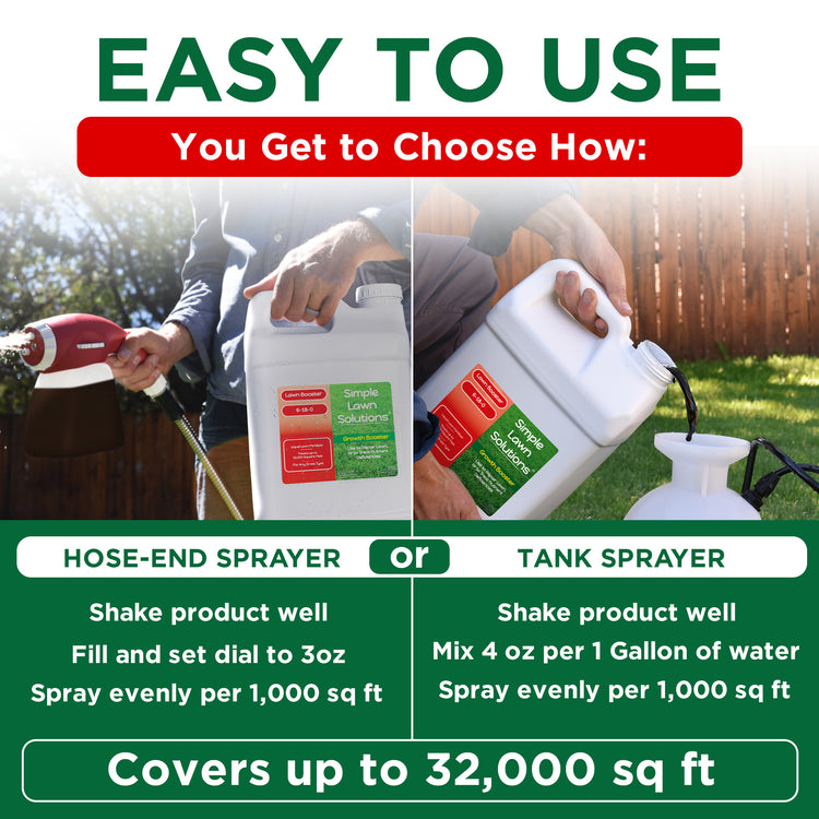 Promotional graphic for Simple Leaf Soluble Fertilizer showing two ways to apply the product: hose-end sprayer and tank sprayer. The image features a split-screen demonstration with a person&
