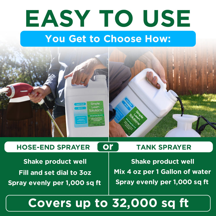 An informational comparison graphic for Simple Lemon Solutions tank sprayer vs hose-end sprayer. The top text reads &