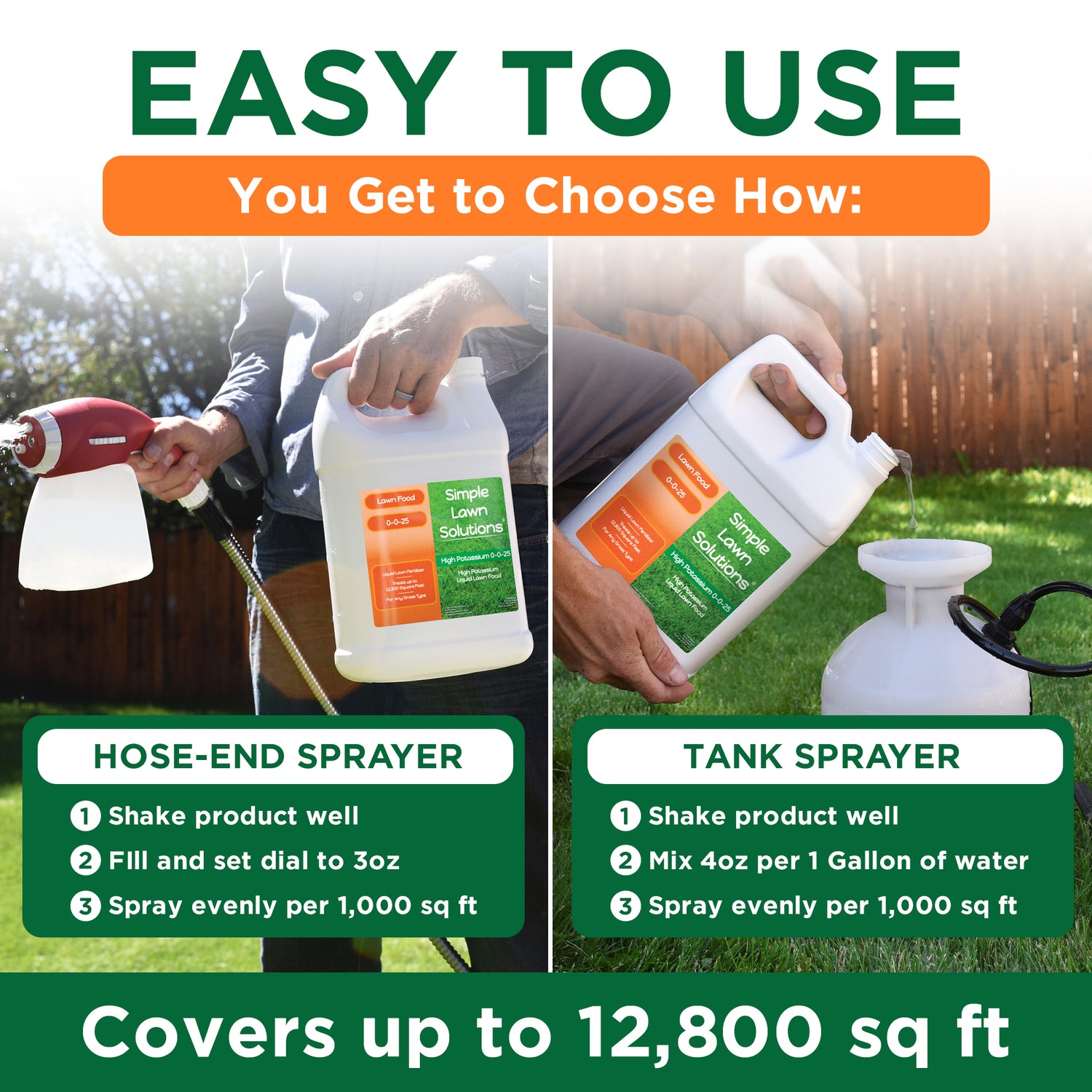 1 gallon of 0-0-25 lawn fertilizer with instructions for using a hose-end sprayer and tank sprayer, featuring 2 images of a person holding the sprayers. "Hose-end sprayer: shake product well, fill and set dial to 3 ounces, spray evenly per 1,000 square feet. Tank sprayer: Shake product well, mix 4 ounces per 1 gallon of water, spray evenly per 1,000 square feet."