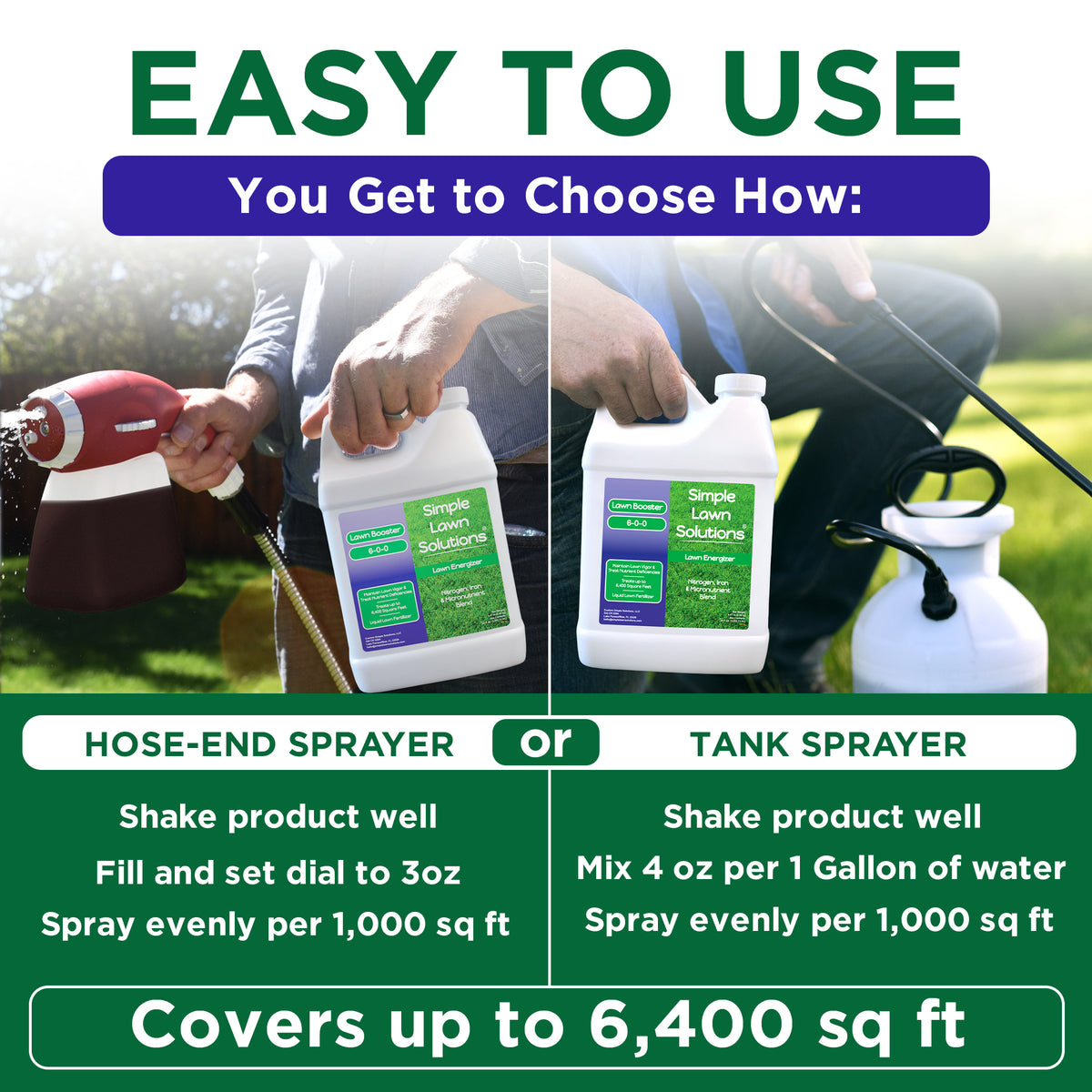 Promotional graphic for a lawn care product showing two ways to use the spray solution: hose-end sprayer and tank sprayer. The image features a split-screen demonstration with a person&