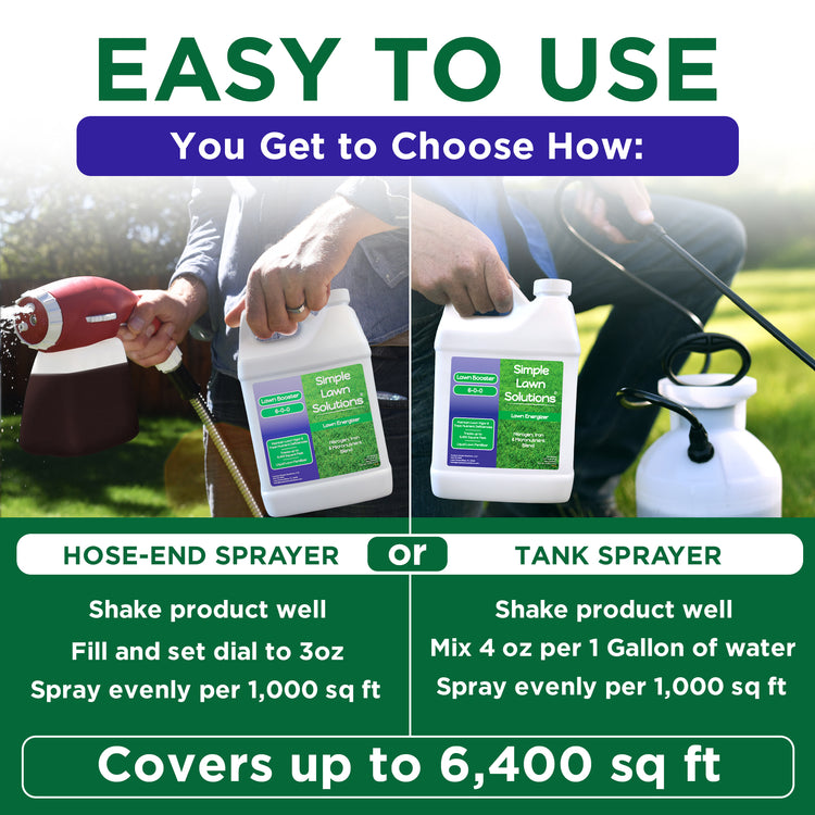 Promotional graphic for a lawn care product showing two ways to use the spray solution: hose-end sprayer and tank sprayer. The image features a split-screen demonstration with a person&