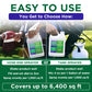 Promotional graphic for a lawn care product showing two ways to use the spray solution: hose-end sprayer and tank sprayer. The image features a split-screen demonstration with a person&