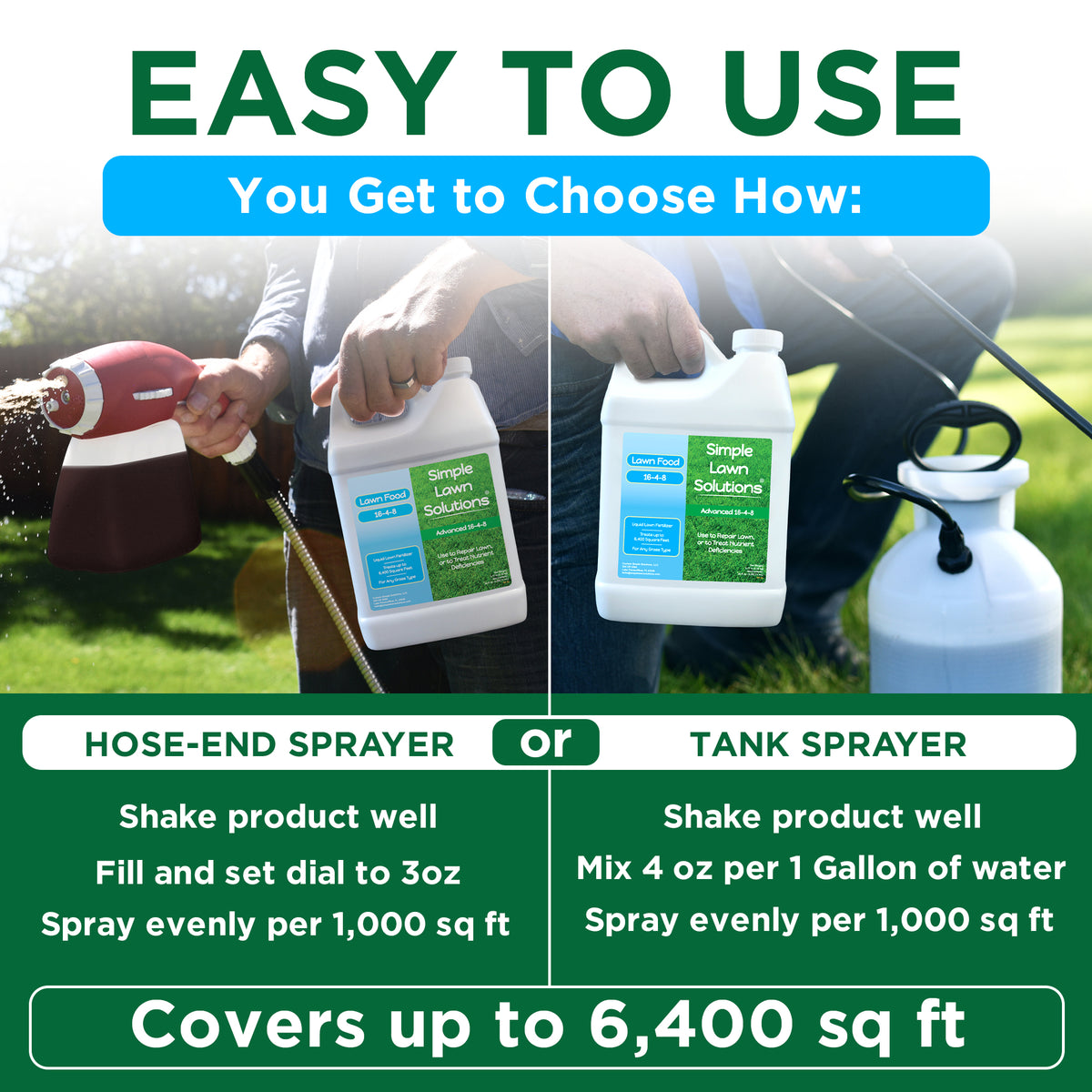 Promotional graphic for Simple Lawn Solutions showing two ways to use the product: hose-end sprayer and tank sprayer, with text explaining usage and coverage up to 6,400 sq ft.