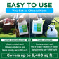 Promotional graphic for Simple Lawn Solutions showing two ways to use the product: hose-end sprayer and tank sprayer, with text explaining usage and coverage up to 6,400 sq ft.