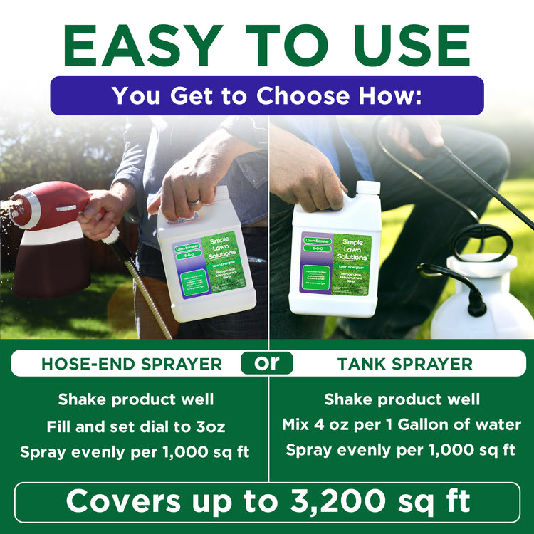 Promotional graphic for a Simple Green Solutions tank sprayer and hose-end sprayer kit. The image features a split-screen demonstration showing how to use the white plastic bottles with green and purple labels in an outdoor garden setting, with text overlays explaining the two types of sprayers and coverage up to 3,200 sq ft.