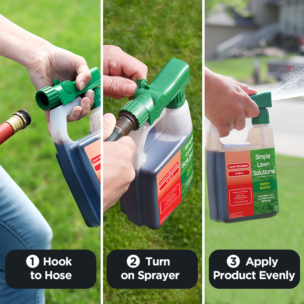 How to hook the growth booster fertilizer to the hose, turn on the sprayer, and apply product