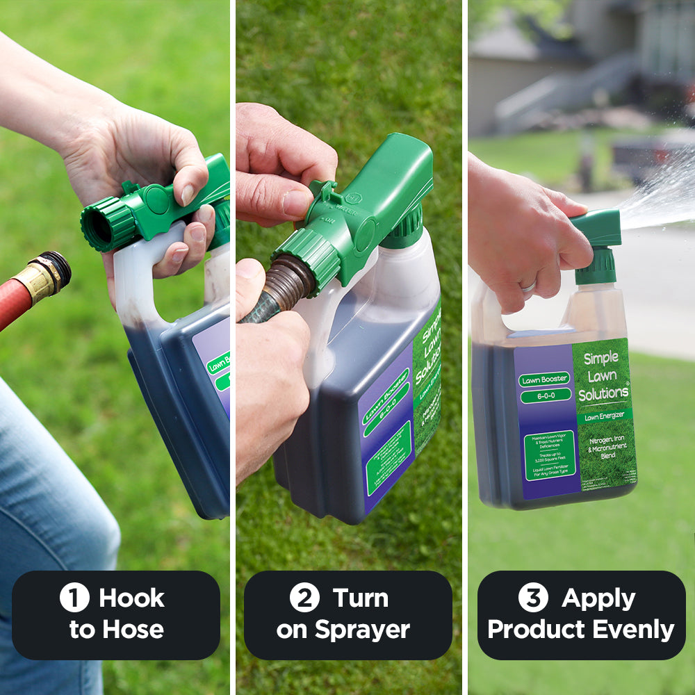 Hose-end sprayer fertilizer being hooked to a garden hose and applied to a lawn.