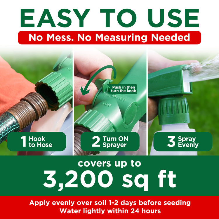 Promotional graphic for a green hose-to-sprayer nozzle with three step panels showing how to connect to a hose, turn on the sprayer, and spray evenly. Large text reads &