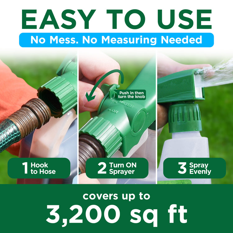 Promotional graphic for a green garden hose sprayer adapter with three demonstration panels showing how to hook it to a hose, turn it on, and spray evenly. Large text reads &