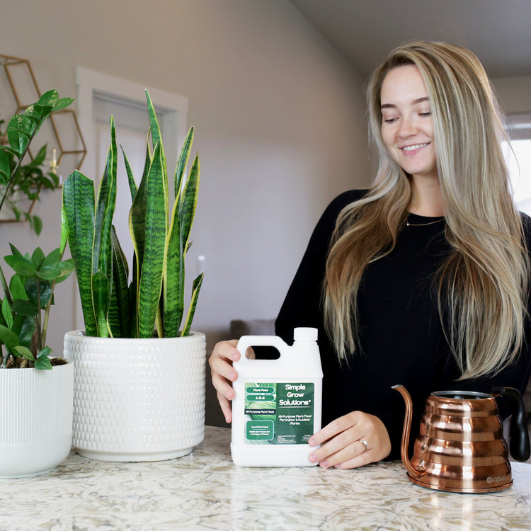 Assortment of houseplants and a woman holding with All-Purpose Plant Food NPK (32 ounces)