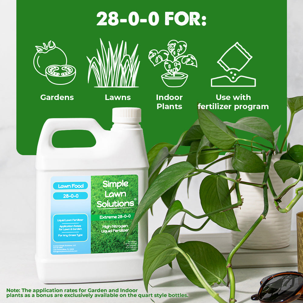 High Nitrogen fertilizer with iconography indicating for lawns, indoor plants, gardens and use with fertilizer program