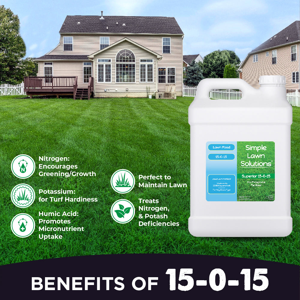 Benefits of 15-0-15 lawn fertilizer, nitrogen encourages greening and growth, potassium for turf hardiness, blended with Humic acid, perfect to maintain lawn, treats nitrogen and potassium deficiencies.