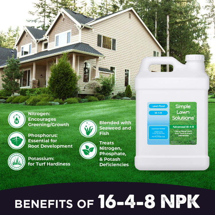 Benefits of 16-4-8 NPK, Nitrogen encourages greening and growth, phosphorus essential for root development, potassium for turf hardiness, blended with seaweed and fish, treats nitrogen, phosphorus and potassium deficiencies.