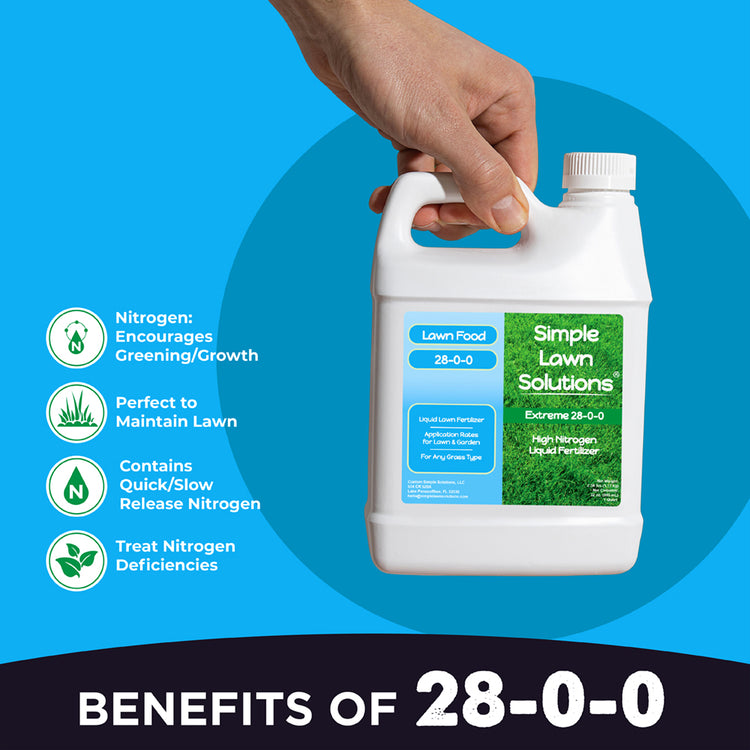 Benefits of 28-0-0, Nitrogen encourages greening and growth, perfect to maintain lawn, contains quick and slow release nitrogen, treats nitrogen deficiencies.