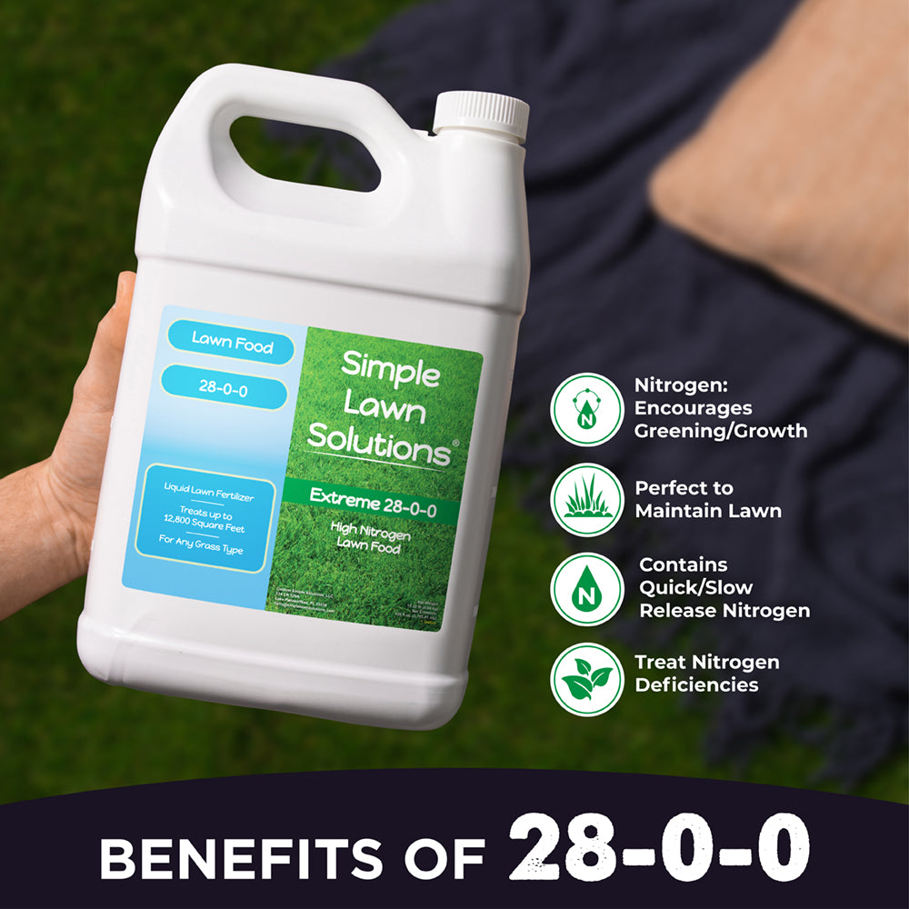 Benefits of 28-0-0, Nitrogen encourages greening and growth, perfect to maintain lawn, contains quick and slow release nitrogen, treats nitrogen deficiencies.